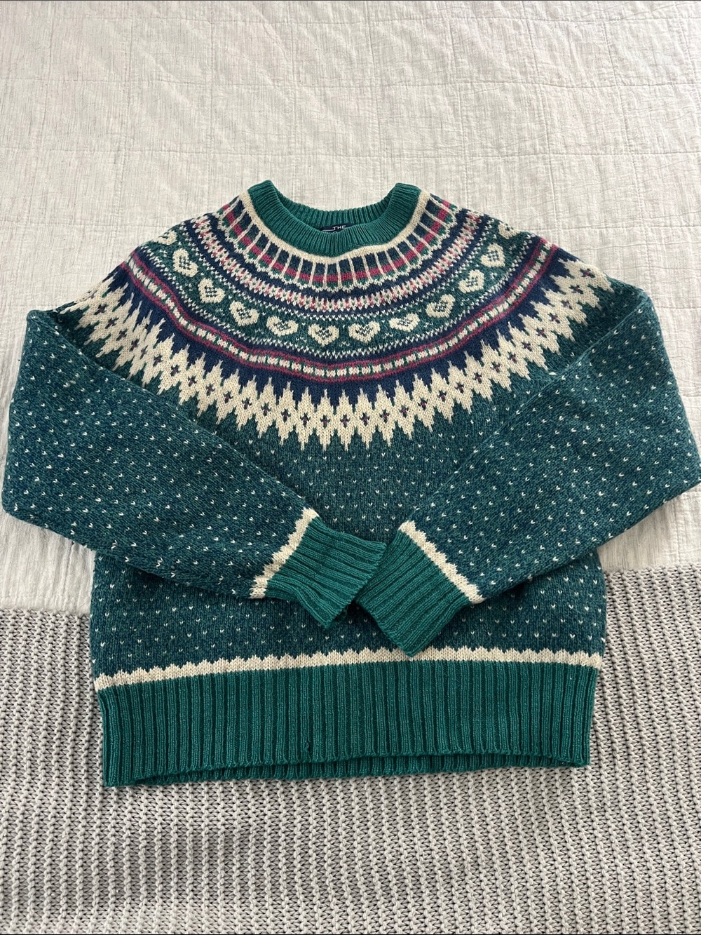 Woolrich Teal Fair Isle Crewneck Sweater with Cream & Purple Accents - wool